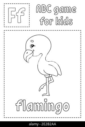 La lettera F è per il fenicottero. ABC gioco per bambini. Pagina di colorazione alfabetica. Personaggio cartoon. Parola e lettera. Illustrazione vettoriale. Illustrazione Vettoriale