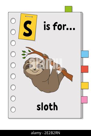 S è per sloth. ABC gioco per bambini. Parola e lettera. Parole di apprendimento per lo studio dell'inglese. Personaggio cartoon. Illustrazione vettoriale a colori. Animale carino. Illustrazione Vettoriale