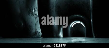 Edificio futuristico astratto con superficie in cemento e illuminazione blu 3d rappresentazione dell'illustrazione Foto Stock