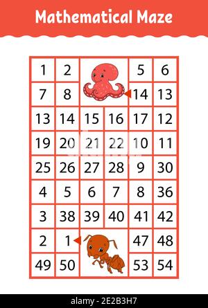 Labirinto rettangolare matematico. Polpo e formica. Gioco per bambini. Numero labirinto. Foglio di lavoro Education. Pagina attività. Indovinello per bambini. Caratteristiche cartoon Illustrazione Vettoriale