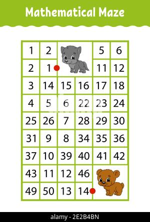 Labirinto rettangolare matematico. Lupo e orso. Gioco per bambini. Numero labirinto. Foglio di lavoro Education. Pagina attività. Indovinello per bambini. Carattere cartoon Illustrazione Vettoriale