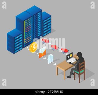 Illustrazione isometrica del vettore hacking del server Illustrazione Vettoriale