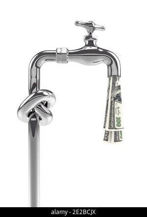 Nodo tap soldi rubaucet dollari / illustrazione 3D di cromo rubinetto con tubo annodato che chiude i fondi di cento dollari bollette isolate su bianco studio ba Foto Stock