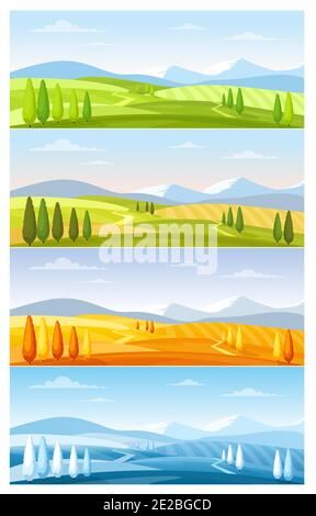 Paesaggio di montagna natura in quattro stagioni set, campi agricoli rurali naturali Illustrazione Vettoriale