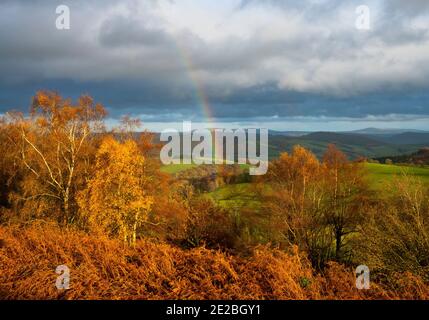 Un arcobaleno sopra lo Shrophire meridionale, visto dai bastioni di Bury fossati Iron Age collina forte. Foto Stock