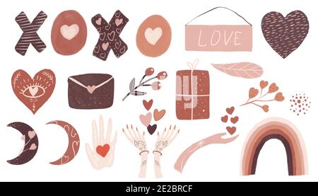 Boho Valentine Day Set consiste di sei gnomi con cuori, palloncini d'aria, lettera, un segno di legno Foto Stock