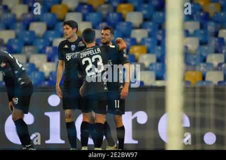 Napoli, Italia. 13 gennaio 2021. Napoli, Italia, stadio Diego Armando Maradona, 13 gennaio 2021, felicità di Nedim Bajrami (Empoli FC) durante SSC Napoli vs Empoli FC - Calcio Italiano Coppa Italia match Credit: Renato Olimpio/LPS/ZUMA Wire/Alamy Live News Foto Stock