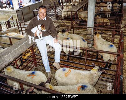 HERTFORD - INGHILTERRA 1986. Frederick McCarthy Forsyth (romanziere) in posa per la macchina fotografica durante la visita Hertford mercato delle pecore e del bestiame nel 1986. Foto di G Foto Stock