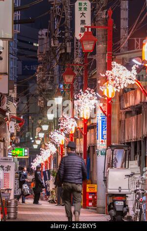 TOKYO, GIAPPONE - 20 MARZO 2014: Un pedone passa attraverso una passovia a Shinjuku con ornamenti decorativi primaverili di notte. Foto Stock