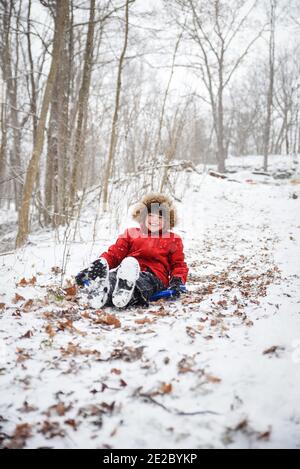 Happy boy che slitta giù per una collina nel bosco in una giornata invernale innevata. Foto Stock