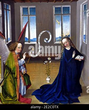 Annunciazione 15th secolo il Maestro di Liesborn prende il nome dalla pala d'altare smembrata nell'Abbazia benedettina di Liesborn, in Vestfalia. L'altare fu dedicato nel 1465. Tedesco, Germania. Annunciazione, beata, Vergine Maria, l'annuncio da parte dell'angelo Gabriele, Maria che avrebbe concepito, portare un figlio per una nascita vergine, diventare la, madre di Gesù Cristo, Messia cristiana e Figlio di Dio, Incarnazione, Foto Stock