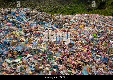 Diverse etichette di bottiglie per animali da compagnia scaricate accanto a un centro di riciclaggio di plastica a Brahmanbaria, Bangladesh. Foto Stock