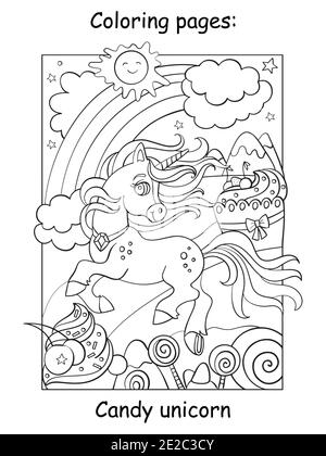 Carino unicorn correre in dolce mondo magico. Pagina del libro da colorare. Illustrazione vettoriale del cartone animato isolata su sfondo bianco. Per libro da colorare, preschoo Illustrazione Vettoriale