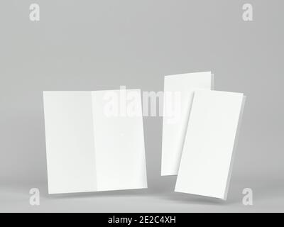 Mockup della brochure a due pieghe in bianco. illustrazione 3d su sfondo grigio Foto Stock
