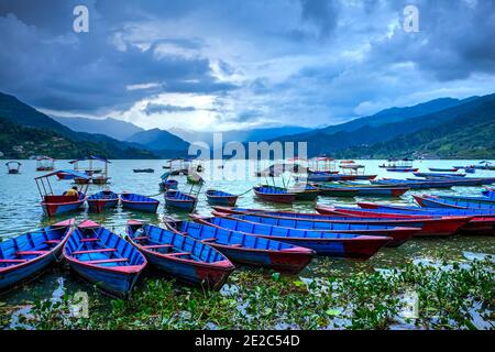 Barche colorate in legno sul lago Phewa, Pokhara, Nepal Foto Stock