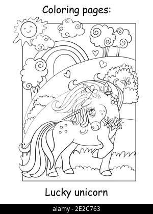 Carino unicorno in piedi sul prato in fiore estate. Pagina del libro da colorare. Illustrazione vettoriale del cartone animato isolata su sfondo bianco. Per libro da colorare, Illustrazione Vettoriale