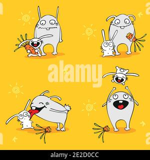 Carta da parati vettoriale senza cuciture: Lepri allegre con carote Illustrazione Vettoriale