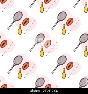 Modello vettoriale senza cuciture con bowling, racchetta da tennis, pallone da rugby da calcio. Tema sportivo. Gioco, hobby, intrattenimento. Attrezzature sportive. Vita sana Illustrazione Vettoriale