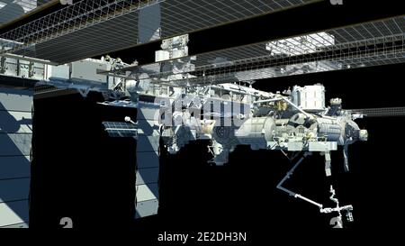 Rendering 3D della Stazione spaziale Internazionale con il percorso di lavoro incluso nel file. Foto Stock