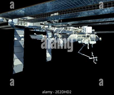 Rendering 3D della Stazione spaziale Internazionale con il percorso di lavoro incluso nel file. Foto Stock
