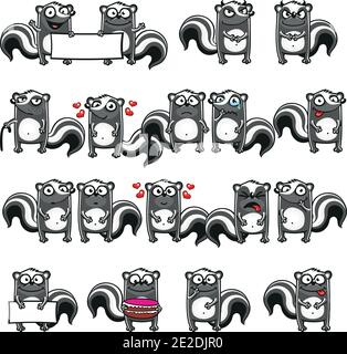 Smiley skunks raggruppati individualmente per copiare e incollare facilmente. Illustrazione Vettoriale