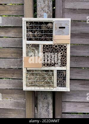 Immagine verticale di un hotel per insetti appesi a un giardino parete di legno Foto Stock