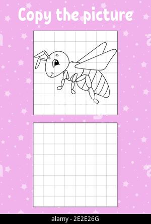 Copiare la foto. Colorare le pagine del libro per i bambini. Foglio di lavoro per lo sviluppo dell'istruzione. Gioco per bambini. Pratica di scrittura a mano. Carattere divertente. Cartoon vect Illustrazione Vettoriale