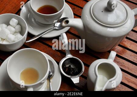 Panoramica di un servizio di tè concluso per due con teacup svuotati, una teiera, cubetti di zucchero, caraffa di latte e succhietto di tè sciolto sul tavolo da bistrot all'aperto Foto Stock