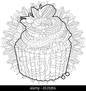 Pezzo di vettore di tortina su un round modellato substrato. Disegnata a mano illustrazione per libro da colorare per adulto in zentangle, doodle stile. Pagine da colorare Illustrazione Vettoriale