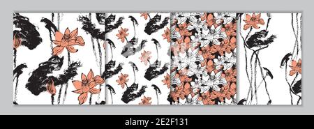 Disegni senza cuciture con inchiostro stile asiatico fiori di loto nei colori nero e rosa. Ripetete i motivi con motivi floreali di sumi-e minimalistici. Bianco Illustrazione Vettoriale