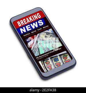 Smart Phone con Breaking News titoli tagliati su bianco. Foto Stock