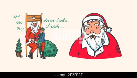 Babbo Natale. Nonno sopportato con un bambino. Il ragazzo fa un desiderio. Simbolo di Natale. Poster o banner per la vacanza. Illustrazione vettoriale per l'etichetta Illustrazione Vettoriale