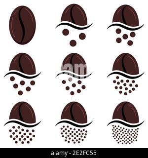 Caffè macinato di dimensione di grani grafico icon set isolato su sfondo bianco. Illustrazione Vettoriale