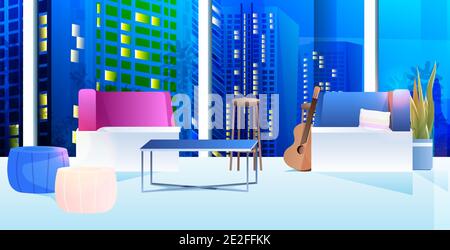 spazio aperto coworking centro moderno armadio interno ufficio con mobili notte paesaggio urbano orizzontale illustrazione vettoriale Illustrazione Vettoriale