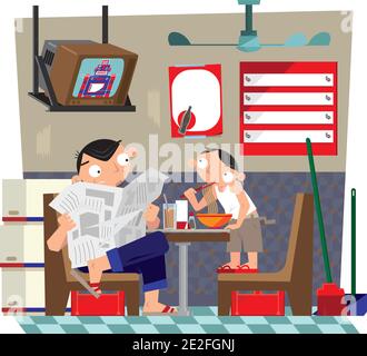 Illustrazione vettoriale di un padre e di un figlio che prendono il pasto All'interno di una piccola caffetteria locale in stile Hong Kong Illustrazione Vettoriale