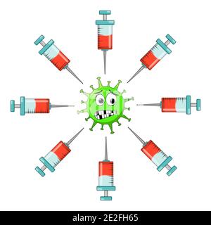 Il carattere del coronavirus è stato spaventato dall'iniezione del vaccino contro covid-19 . Illustrazione vettoriale isolata su sfondo bianco. Illustrazione Vettoriale
