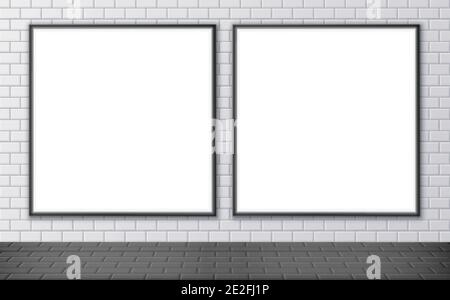 Blank pubblicità tabellone mockup su una stazione della metropolitana. Due poster quadrati su una parete stradale. Illustrazione Vettoriale
