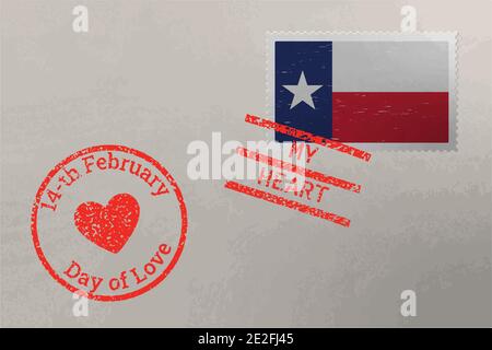 Busta con francobollo con bandiera degli Stati Uniti del Texas e francobolli di San Valentino, vettore Illustrazione Vettoriale