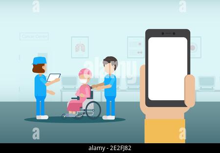 Schermo vuoto mobile con clinica oncologica e personale medico piatto disegno di illustrazione vettoriale Illustrazione Vettoriale