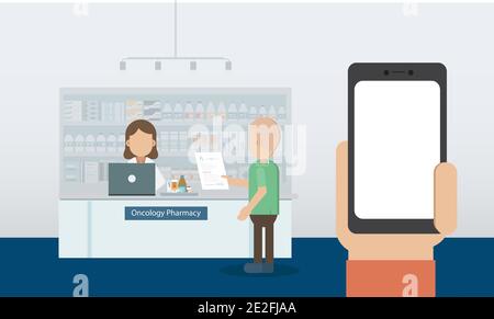 Telefono cellulare a schermo vuoto con farmacia oncologica con farmacista e. illustrazione vettoriale del disegno piatto del paziente oncologico Illustrazione Vettoriale