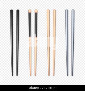 Set di bacchette realistiche. Elemento Chopstick cultura asiatica o orientale tradizionale. Vettore isolato su bianco Illustrazione Vettoriale