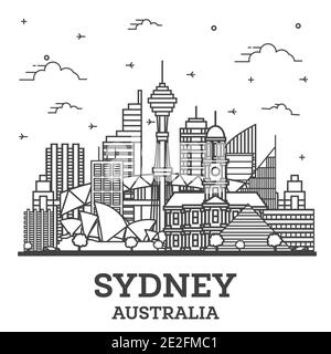 Delineare il Sydney Australia dello skyline della città con moderni edifici isolati su bianco. Illustrazione Vettoriale. Paesaggio urbano di Sydney con punti di riferimento. Illustrazione Vettoriale