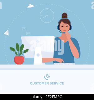Concetto di servizio clienti. Donna in cuffia riceve le chiamate dai clienti. Illustrazione vettoriale in stile piatto Illustrazione Vettoriale
