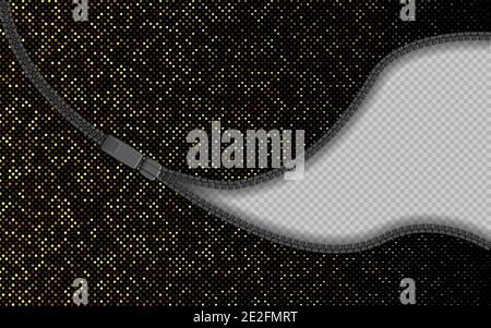 Chiusura con zip, cerniera aperta in metallo dorato con estrattore su tessuto lucido. Illustrazione vettoriale 3d realistica. EPS 10 Illustrazione Vettoriale
