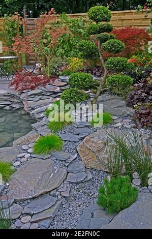 Una roccia naturale e giardino d'acqua witrh potatura nuvolosa e. Acer a colori Foto Stock