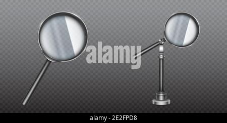 Lente di ingrandimento con bordo in metallo e maniglia o supporto. Strumento scientifico con lente, strumento di ingrandimento dispositivo ottico per ricerca, esplorazione. Clip art vettoriale 3d realistico isolato su sfondo trasparente Illustrazione Vettoriale