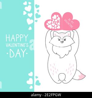 Volpe con carta cuore San Valentino, sfondo felice giorno San Valentino biglietto d'auguri. Disegna stile fumetto. Bandiera romantica carino volpe foresta. Disegno per la stampa, circa amore cuore illustrazione vettoriale Illustrazione Vettoriale