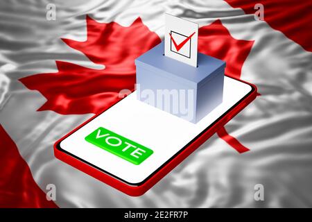 Illustrazione in 3d di una casella di voto con un cartellone in piedi su uno smartphone, con la bandiera nazionale del Canada sullo sfondo. Concetto di voto online, Foto Stock