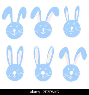 Illustrazione di Pasqua. Buona Pasqua. Set di disegni a mano, coniglietto pasquale. Una raccolta di immagini di lepri. Pastello blu Illustrazione Vettoriale