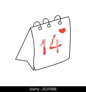 Calendario lacrimale con la data di febbraio 14 e un cuore rosso. Illustrazione vettoriale isolata in stile doodle disegnato a mano. Buon giorno di San Valentino Illustrazione Vettoriale